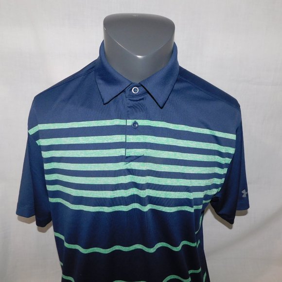 Under Armour Mens L Blue Striped Loose Heatgear Coolswitch Golf polo Shirt - Picture 2 of 11